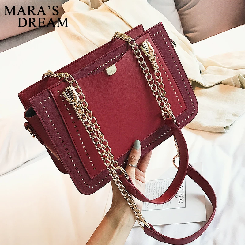 مارا حلم أزياء النساء أعلى-حقائب بيد المسامير عالية الجودة بو الجلود الإناث حقيبة كتف كبيرة خمر دراجة نارية حمل أكياس