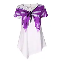 2017 Women Summer T-Shirt Short Sleeve T-Shirts Female Irregular Hem T Shirts Butterfly Print Tops Tee Shirt Plus Size LJ9616X