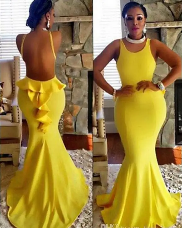 

Sexy Open back Evening Gowns Mermiad Ruffles Back Long Sweep Train Vestidos de Novia Sleeveless Bright Yellow Evening Gowns