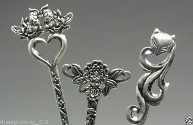 

Collectibles Decorated Handwork Old Miao Silver Carving Noble Hairpin 3pc/lot