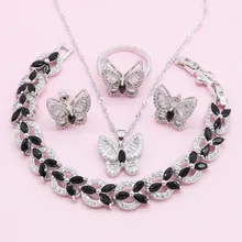 925 серебряные ювелирные наборы для женщин Свадебные бабочка в форме черного кубического циркония серьги браслет кулон ожерелье кольцо