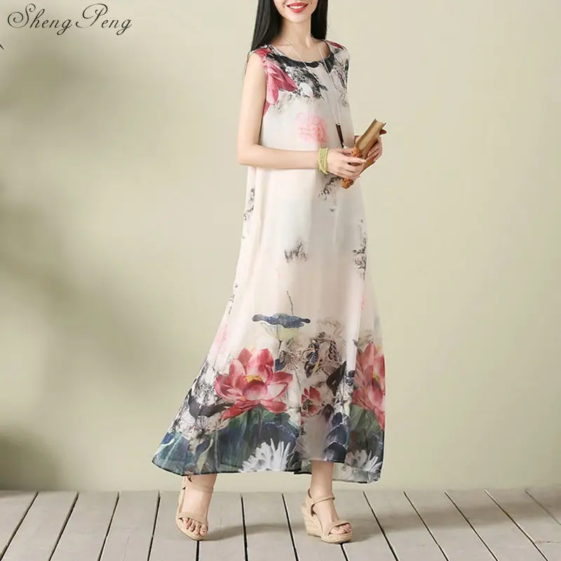 

Chinese traditional women gown sleeveless chiffon oriental floral print clothes long side split vintage loose gown V875