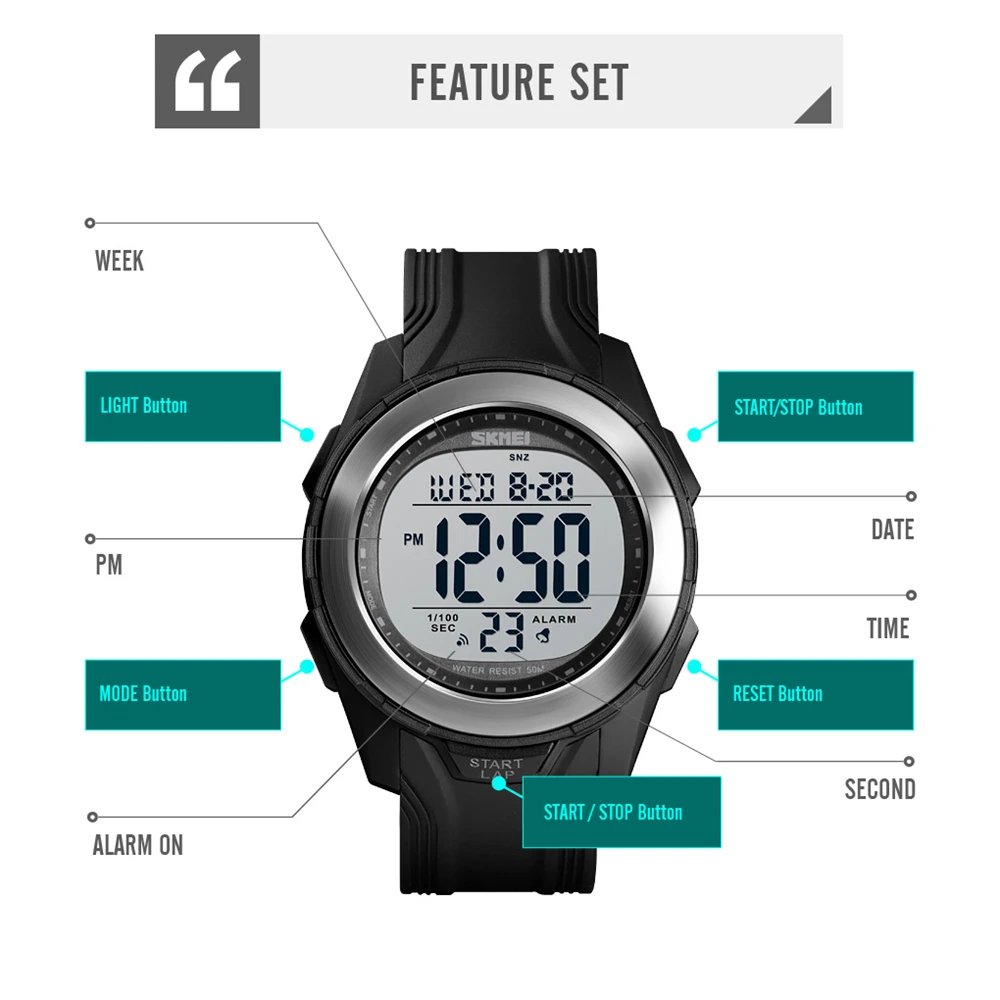 SKMEI 1503 новые мужские спортивные часы задний светильник светодиодный 50 м