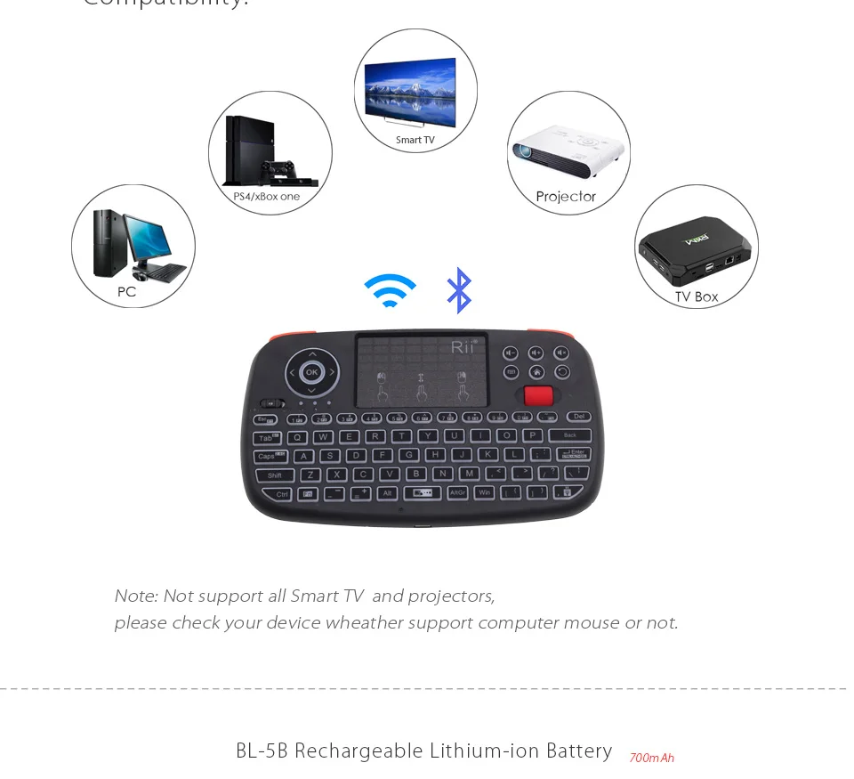 Rii i4 мини-клавиатура с подсветкой, двойной режим, 2,4G, Bluetooth, беспроводная мини-клавиатура, воздушная мышь с тачпадом для iPad Pro, iPhone XR