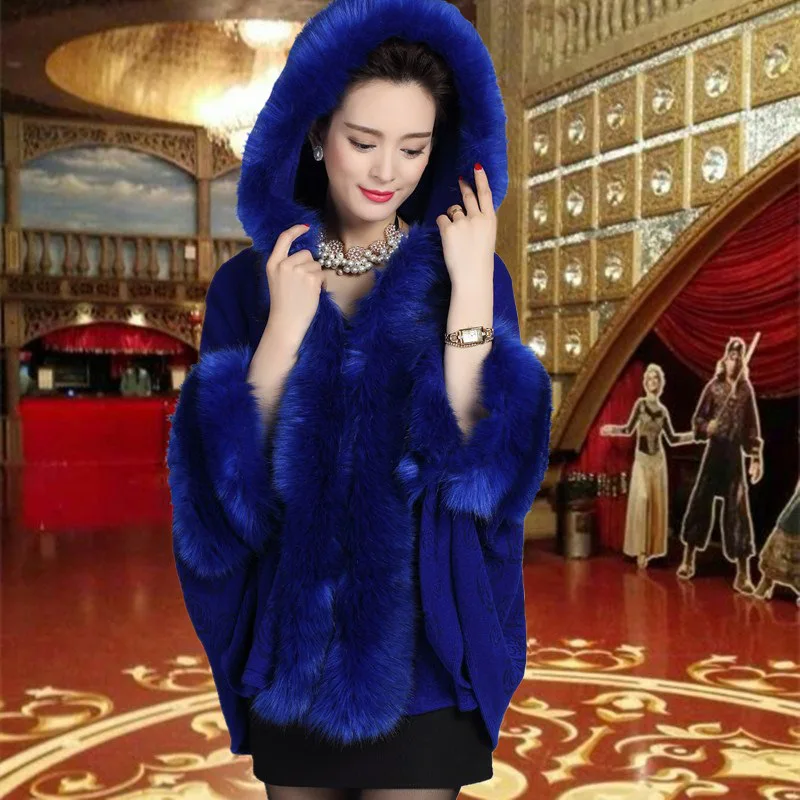 

Women Cardigan Hooded Fur Autumn Winter Knitted Poncho Feminino Faux Bridal Wedding Shawl Vintage Wool Coats Cloak