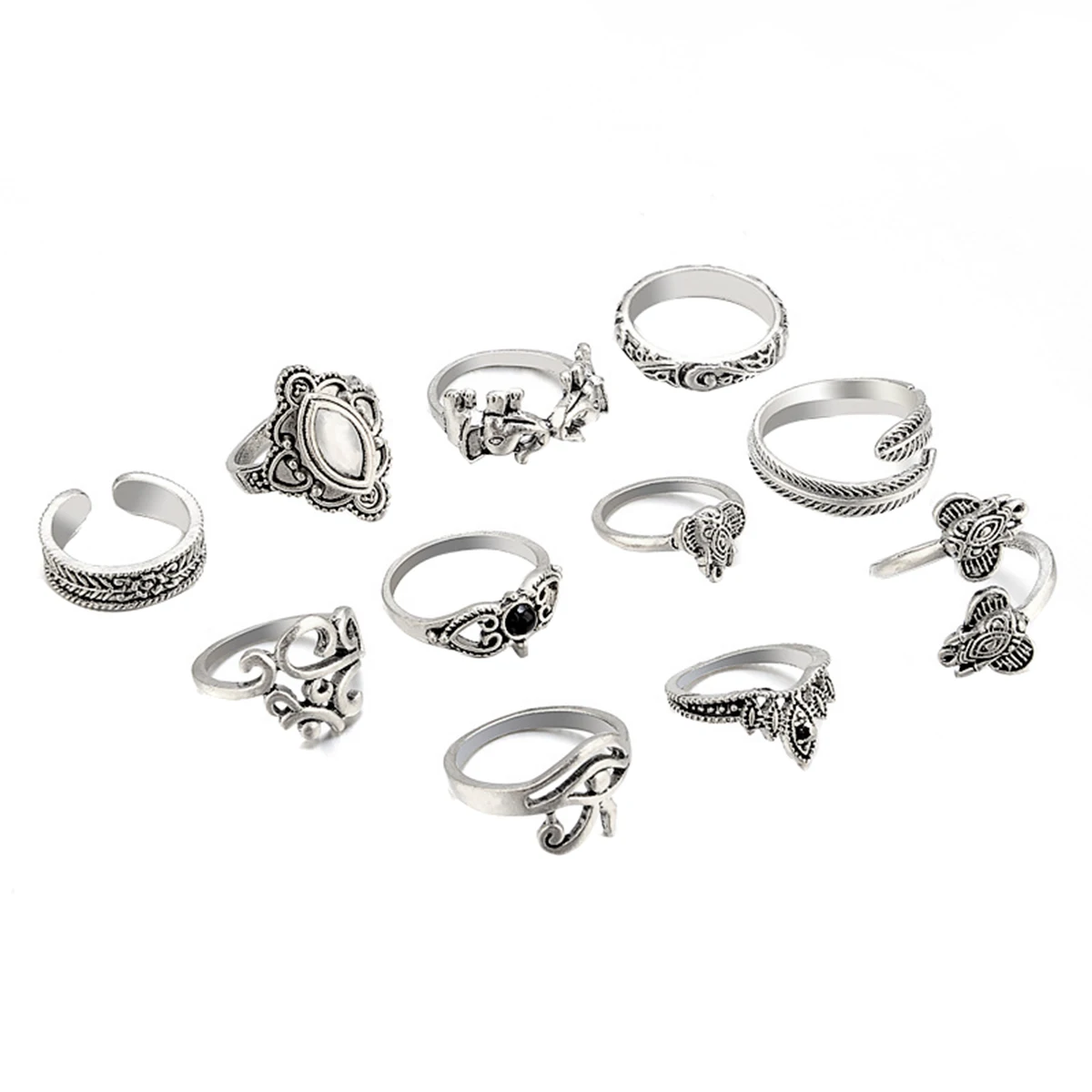 11pcs Vintage Elephant Leaf Crystal Punk Ring Sets Shellhard Boho Lady Finger Knuckle Stacking Midi Rings Set Femme Jewelry