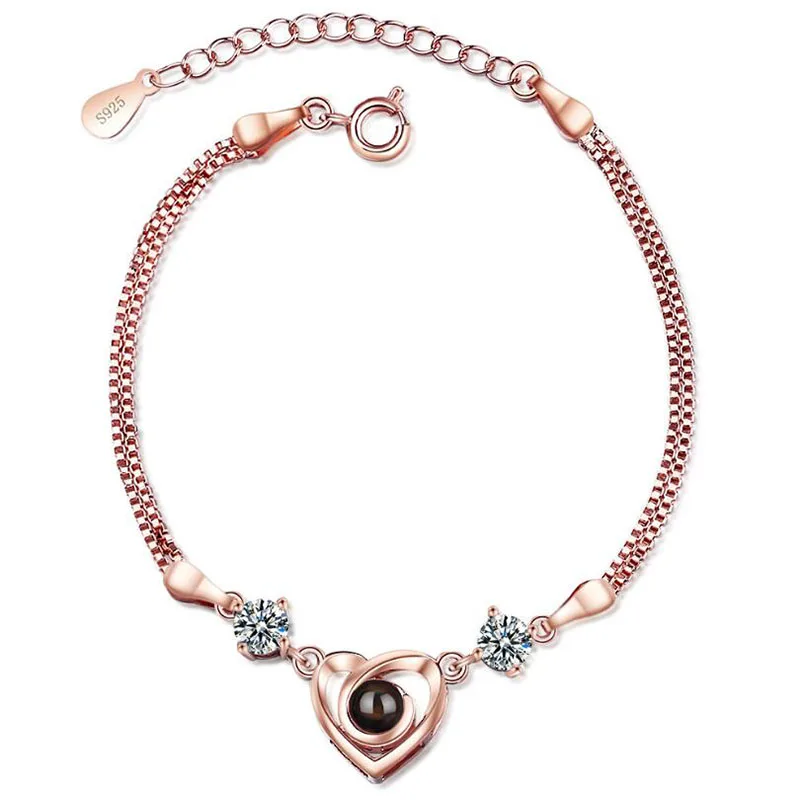 

Fashion 925 Sterling Silver Projection I Love You Bracelet Women Jewelry Rose Gold Love Heart Bracelet Girl Wedding Accessories