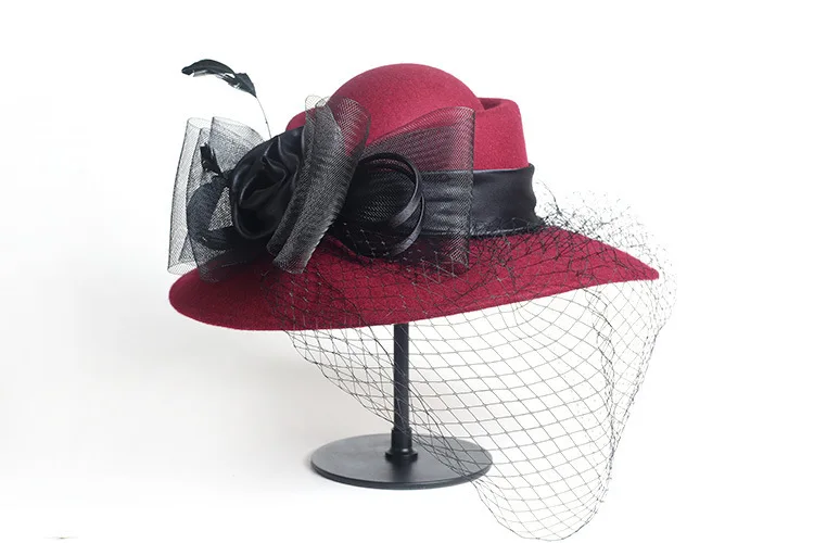 Для женщин шляпу шерсть цветочный Вуаль Сетка Перо широкими полями Дерби шляпа Шляпы фетровые для женщин формальный повод Танцевальная Вечеринка летняя пляжная шляпа