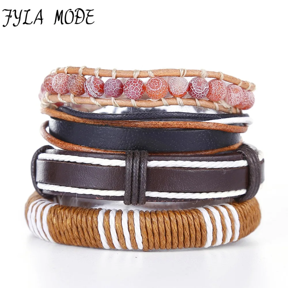 

4Pcs New Fashion Rope Natural Stone Bead Leather Bracelets & Bangles Handmade Multilayer Braided Wristband Bracelet Men Jewelry