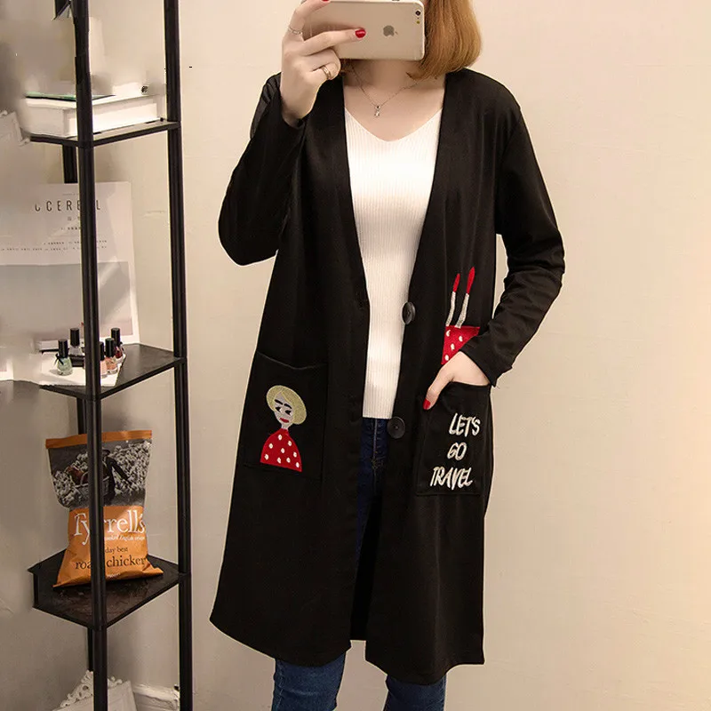 

XL-5XL Big Plus Size Cardigan Women Clothes Winter Autumn 2019 Cute Cartoon Embroidery Long Sleeve Loose Casual Long Coat Black