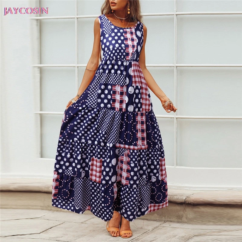 JAYCOSIN, женское винтажное платье без рукавов с круглым вырезом, очаровательное богемное клетчатое платье с принтом, индивидуальное платье размера плюс, 3XL, Прямая поставка#0601
