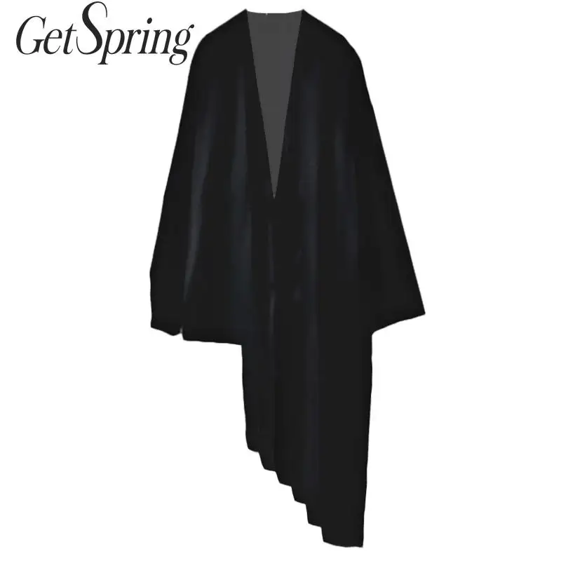 GETSPRING женское пальто с v-образным вырезом необычное шифоновое ажурное Пальто черное асимметричное шифоновое летнее пальто новое модное винтажное
