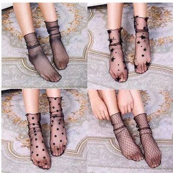 

4Pair Sexy Lace Star Women Mesh Socks Transparent Soft Short Socks Lady Girl Summer Fashion Floral Polka Dot Thin Elastic Socks