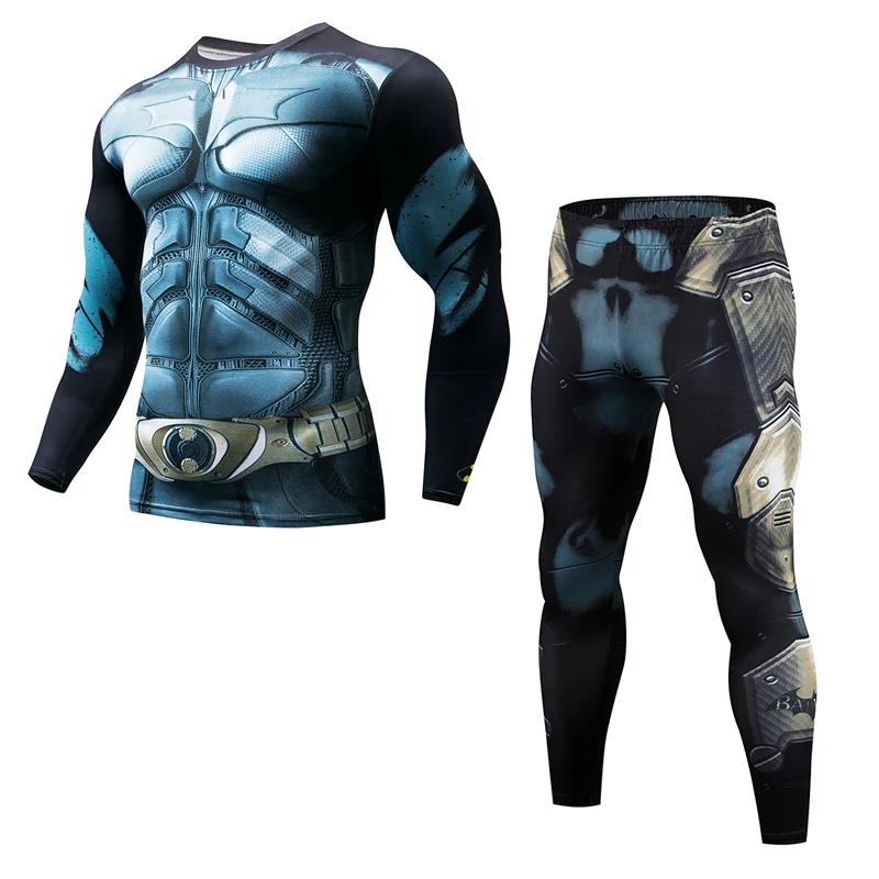 

Men's Fitness Clothing Set Fashion Superman Pants Set Brand Clothing Sportswear 3D Print Complete Compressed Bat Long Sleeve Top
