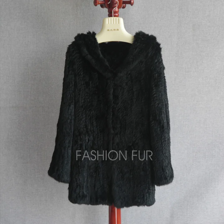 Hood Long New Fashion Women Real Rabbit Fur Knit Jacket Coat Plus size Extra Size S-7XL YH2