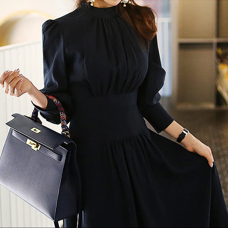 Office Ladies Stand Collar Lantern Sleeve Women Dress Elegant Slim ...