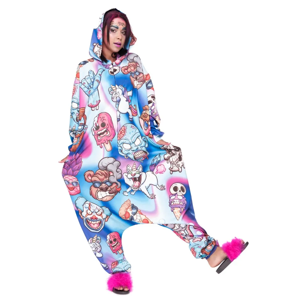 WHO CARES Women Loose Jumpsuits 3D Printing monsters holo One-Piece Outfits Casual Rompers Jumpsuits Hoodies Zipper Playsuits Women's Sets