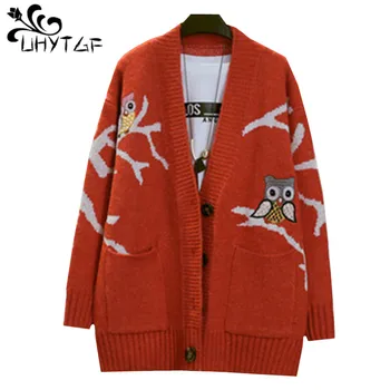 

UHYTGF Befree Woman Autumn Sweater Coat 2018 Plus size long Sweater Knitted Cartoon Embroidery Cardigan Sweater High quality 469