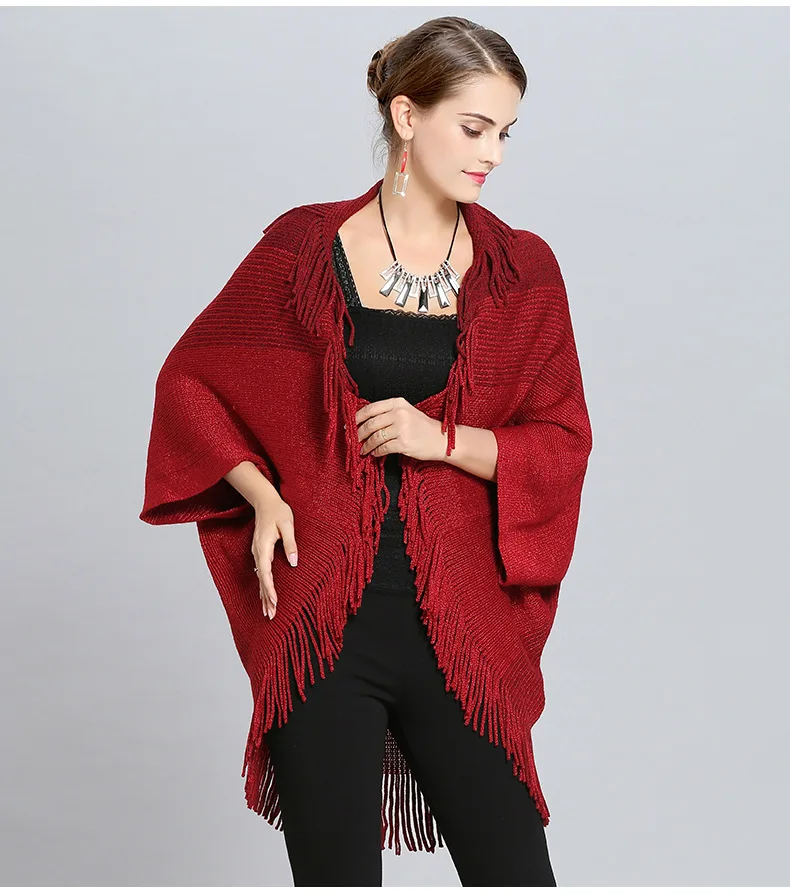 Новое Осеннее женское пончо Femme Hiver кардиган цвета хаки шаль высокая эластичная кисточка вязаная женксие кофты длинный кардиган пальто