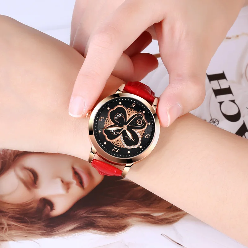 

OLEVS Fashion Women Watches Rose Gold Red Leather Ladies Watch Luxury Butterfly design Waterproof Wrist watch Girls reloj mujer