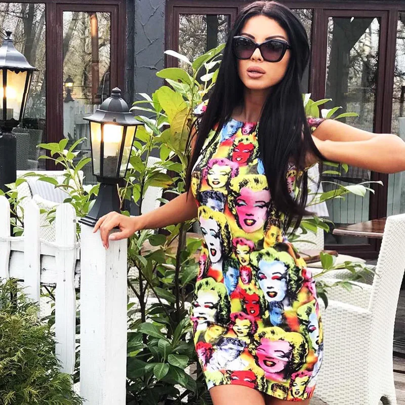Fashion Women Bodycon Dress Character Printed Vintage Pencil Dress Summer Sleeveless Marilyn Monroe Mini Dress Sexy Short Dress Dresses