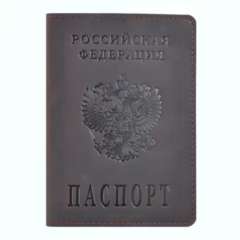 

100% Genuine Crazy Horse Leather Passport Cover Designed For Russian Federation Business Card Holder Bilingual Passport Case