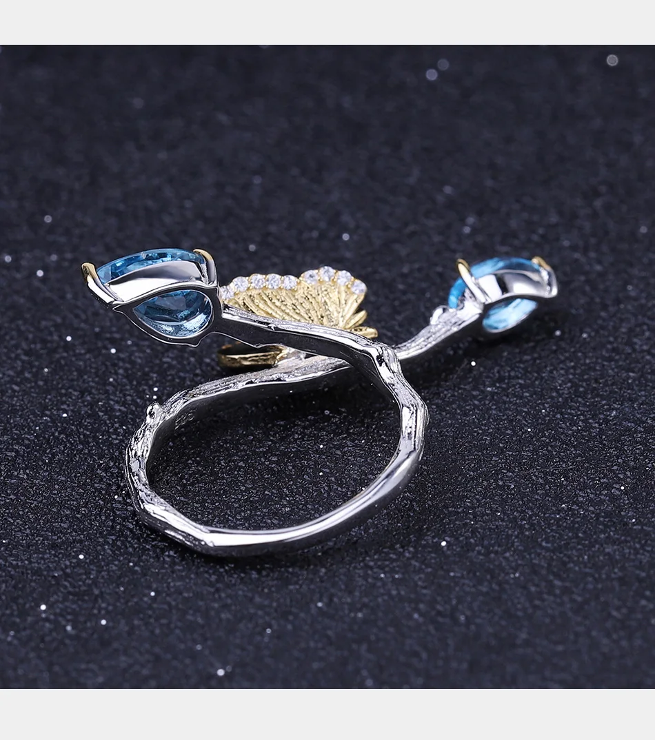 Natural Swiss Blue Topaz Butterfly on Branch Rings | Muduh Collection