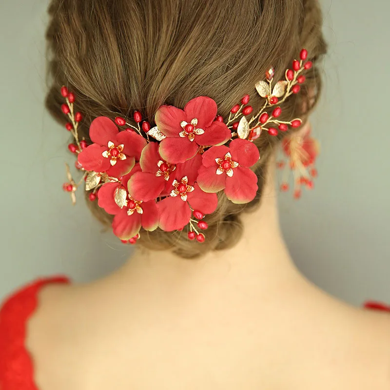 

Red Hair Comb Bridal Headpiece Foral Crystalsn Pearls Wedding Jewelry with Comb Hair Accessories for Wedding Evening Prom Dress