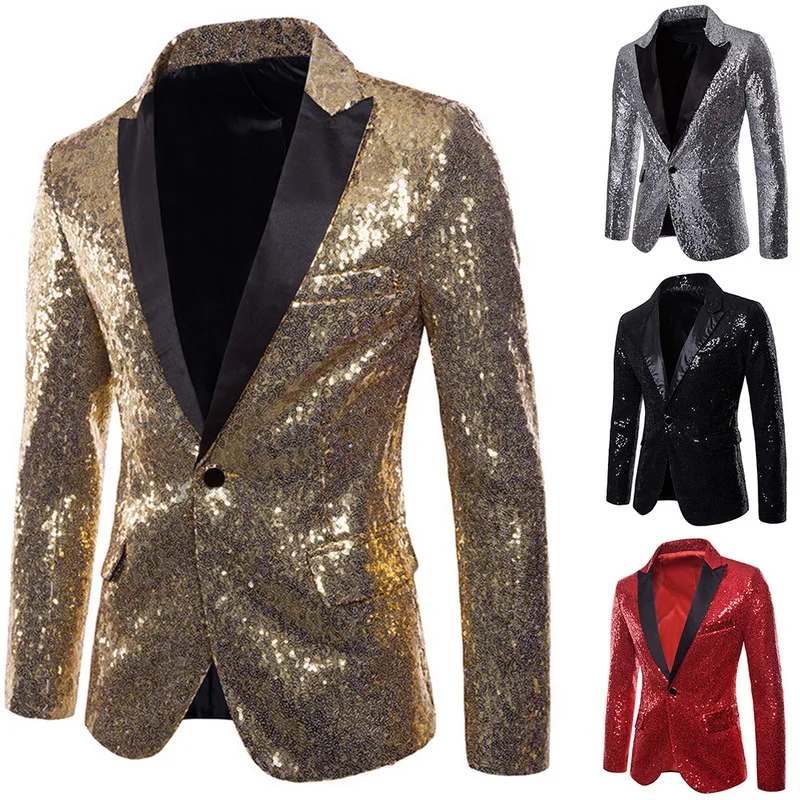 

NIBESSER Mens Shiny Blazers Gold Sequin Glitter suit Jackets Men Nightclub One Button Suit Blazer Men DJ Stage Blazers