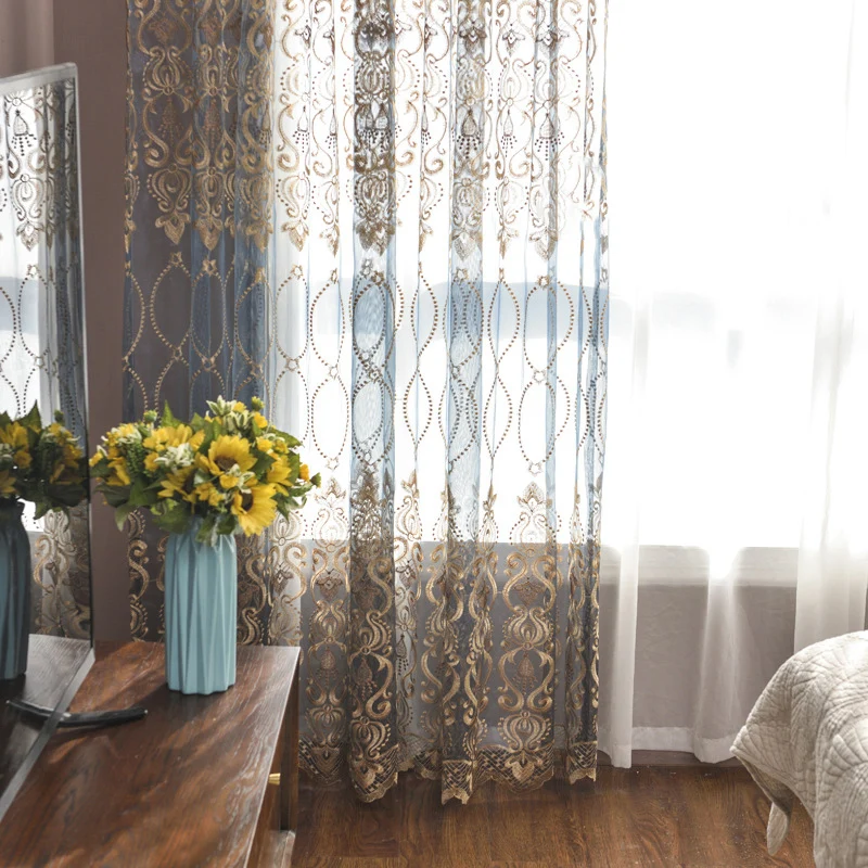 Европейский роскошный занавес для гостиной, прозрачная вуаль, ткань с золотым кружевом, сетка для балкона, занавески на окно, M072C