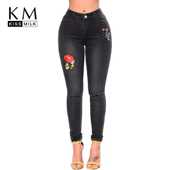 

kissmilk 2020 Solid Black Floral Embroidery Women Jeans Elasticity Hole Full Length Female Pencil Pants High Waist Lady Pants