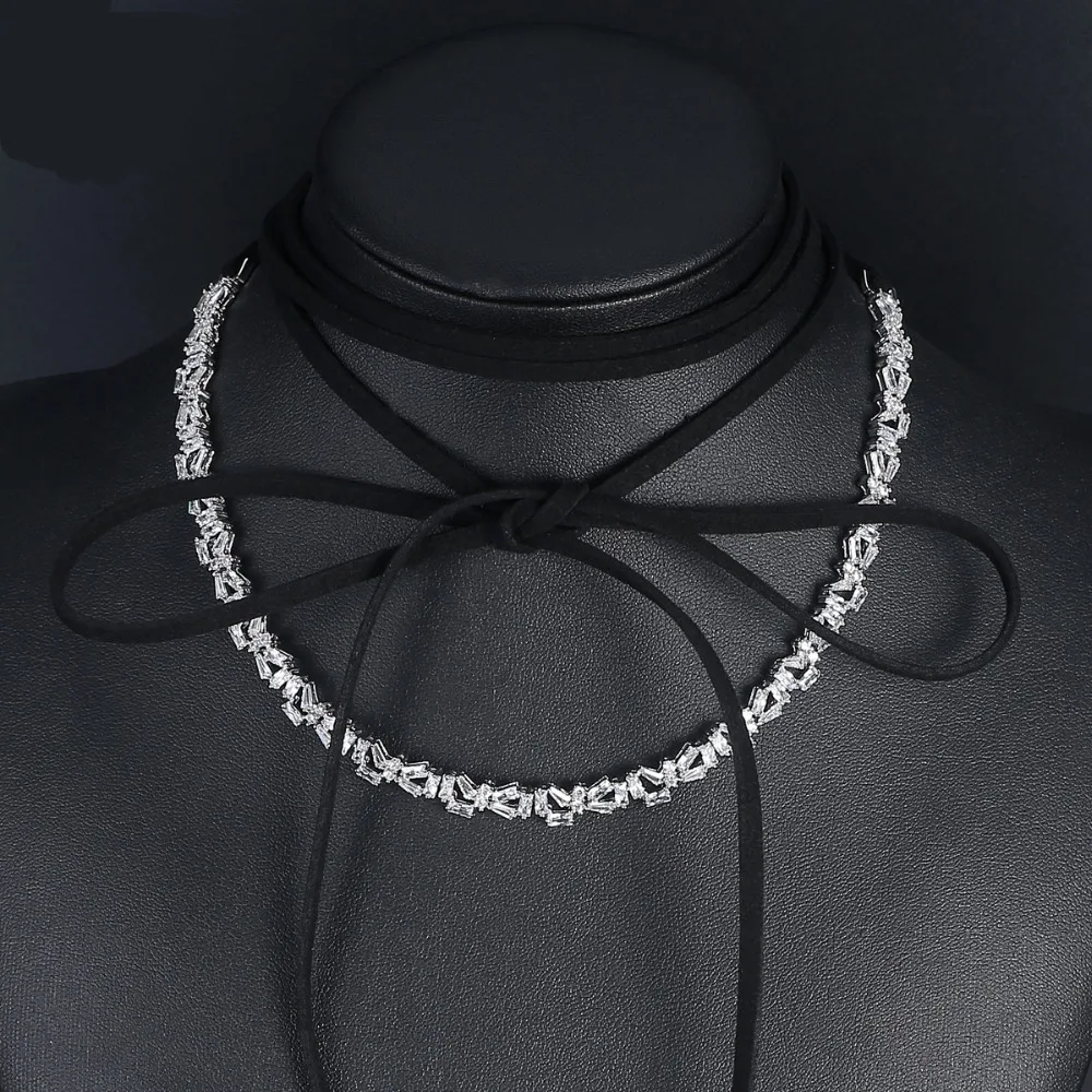 

Luxury Cubic Zircoina Crystal with Long Black Suede Leather collar Necklace Fashion Choker for Women Party Collier Jewelry Gift