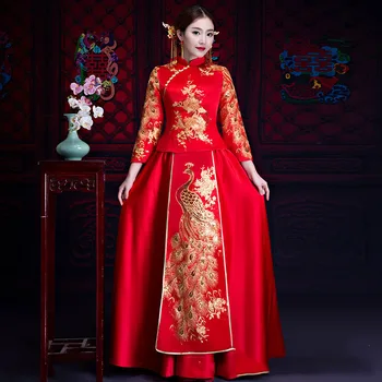 

Winter Vintage Improved Red Wedding Suit Slim Full Length Elegant Cheongsam Classic Peacock marriage A-Line Dress Plues Size 3XL