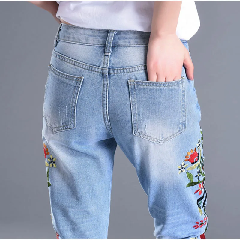 levis jeans Spring Floral Embroidery Ankle Length Jeans Women Light Blue Melody Capris Denim Pants High Waist Straight Leg Cropped Cut Jeans old navy jeans