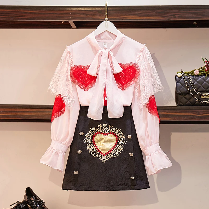 

2019 Summer Women Lantern Sleeve Bow Collar Heart Lace Chiffon Shirt Top + Double-Breasted Embroidery Jacquard A-Line Skirt Set