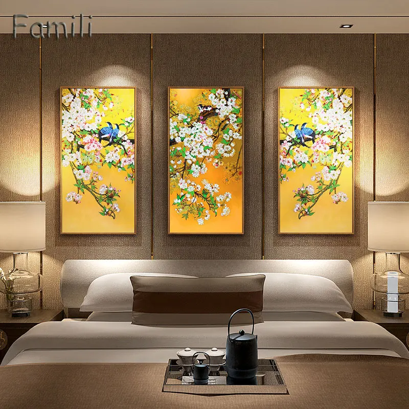 Китайский стиль птица желтый растение пейзаж Комбинация холст Художественная печать живопись, Настенная картина для гостиной домашний декор