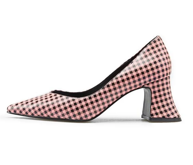 

Red Grid Square Heel Shallow Pumps Spring Autumn Women Pointed Toe Korea Style Shoes For Elegant Ladies Slip-on Girls' Pumps