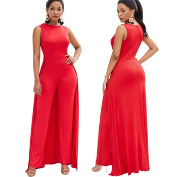 

2019 Red Off Shoulder Solid Cape Jumpsuit Elegant Sleeveless Stretchy Summer Bodycon Women Overalls Female Sexy Romper Playsuit