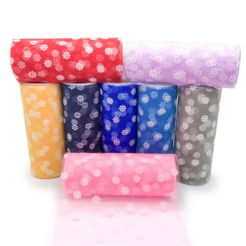 

1pcs 15CMX9M Beautiful Tulle Flocking Floret Net Yarn Fabric Wedding Decor Organza Tulle DIY Skirt Wedding Party Supplies