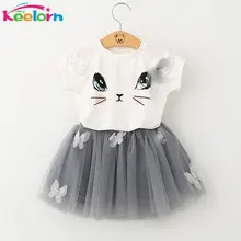 Keelorn Girls Dress 2017 Brand Kids Clothes White Cartoon Short Sleeve T-Shirt+Veil Dress 2Pcs baby girl clothes for 2-6Y