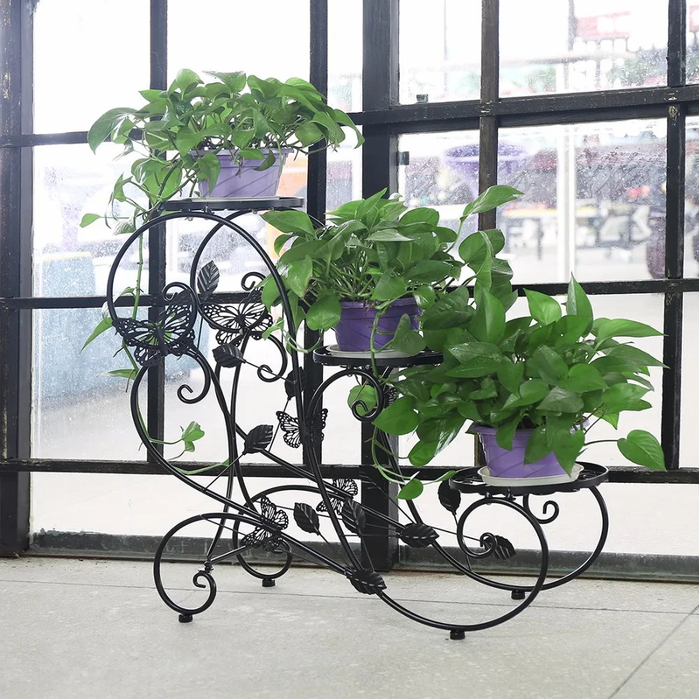 HLC Classic Plant Stand Shelf Holds 3 flower Pot Black Decorative Metal