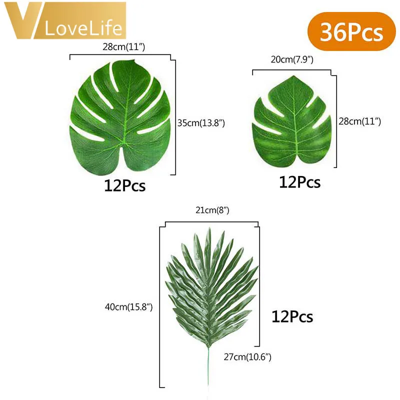 36 шт. искусственные Пальмовые Листья и листья в форме Панциря Черепахи папоротниковое растение для Гавайских вечерние джунгли пляж тематические украшения