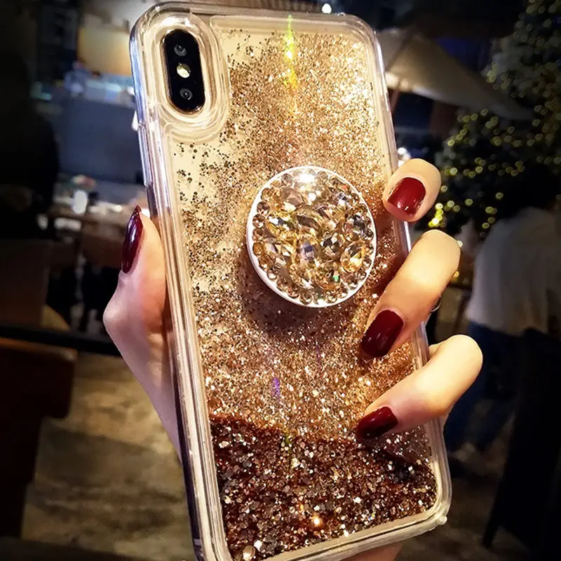 

Fashion luxury gold foil glitter diamonds bracket lanyard phone case for iphone 6 7 8 plus x xr xs max transparent silicons