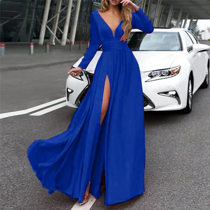 Women's Long Sleeve Sexy V Neck Soild Sling Everying Party Long Dress Casual elegant High Quality dress New Arrival N16#N (15)