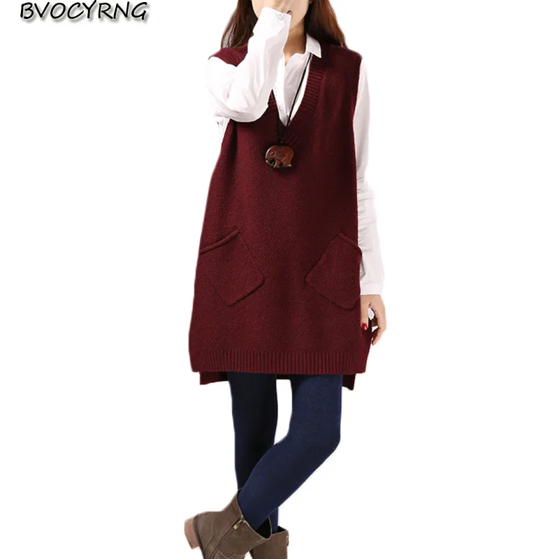 

2019 Autumn winter V-neck solid color loose pocket sweater women's jacket long section large size vest bottoming sweater female