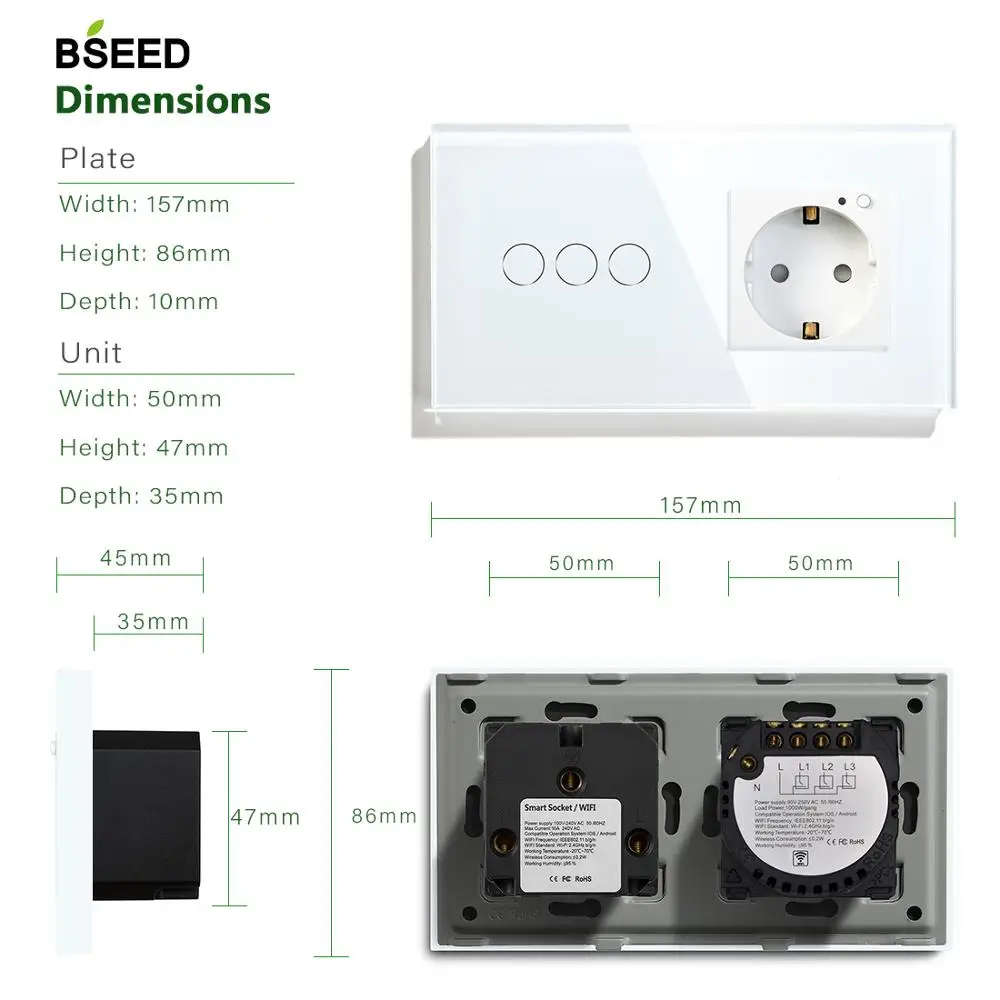 Сенсорный выключатель BSEED с поддержкой Wi Fi 3 клавиши евростандарт