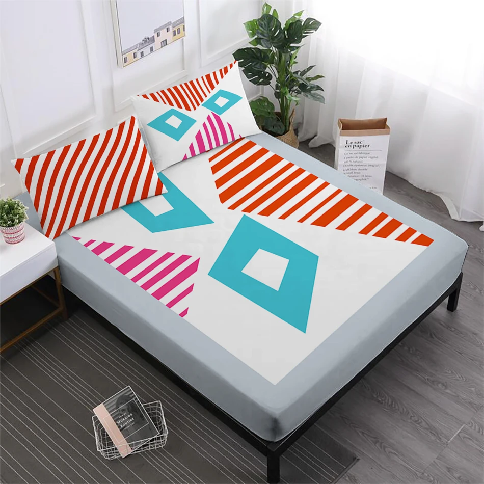 

Geometric Patchwork Bedding Set Cartoon Bed Linens Deep Pocket Fitted Sheet King Queen Bedclothes Pillowcase Home Textile