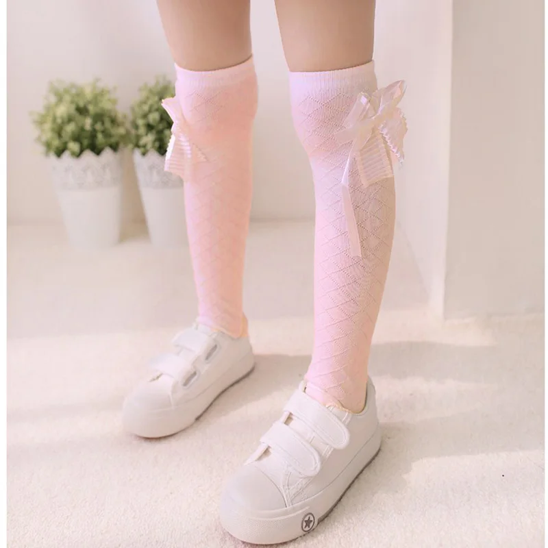 От 3 до 15 лет Детские носки для девочек, детские одноцветные колготы принцессы Цвет Кружевной Галстук-бабочка, Пестрое, до колен, вязаные высокие носки для девочек гольфы для девочек - Цвет: pink