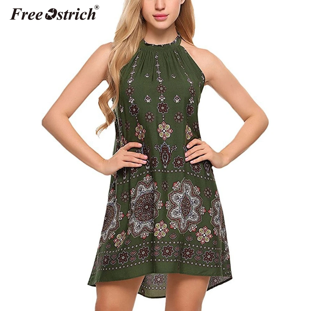 

Free Ostrich Womens Dress Sexy Celeb Sleeveless Floral Print Boho Beach Party Summer Ladies Halter Neck Short Mini Dress N30