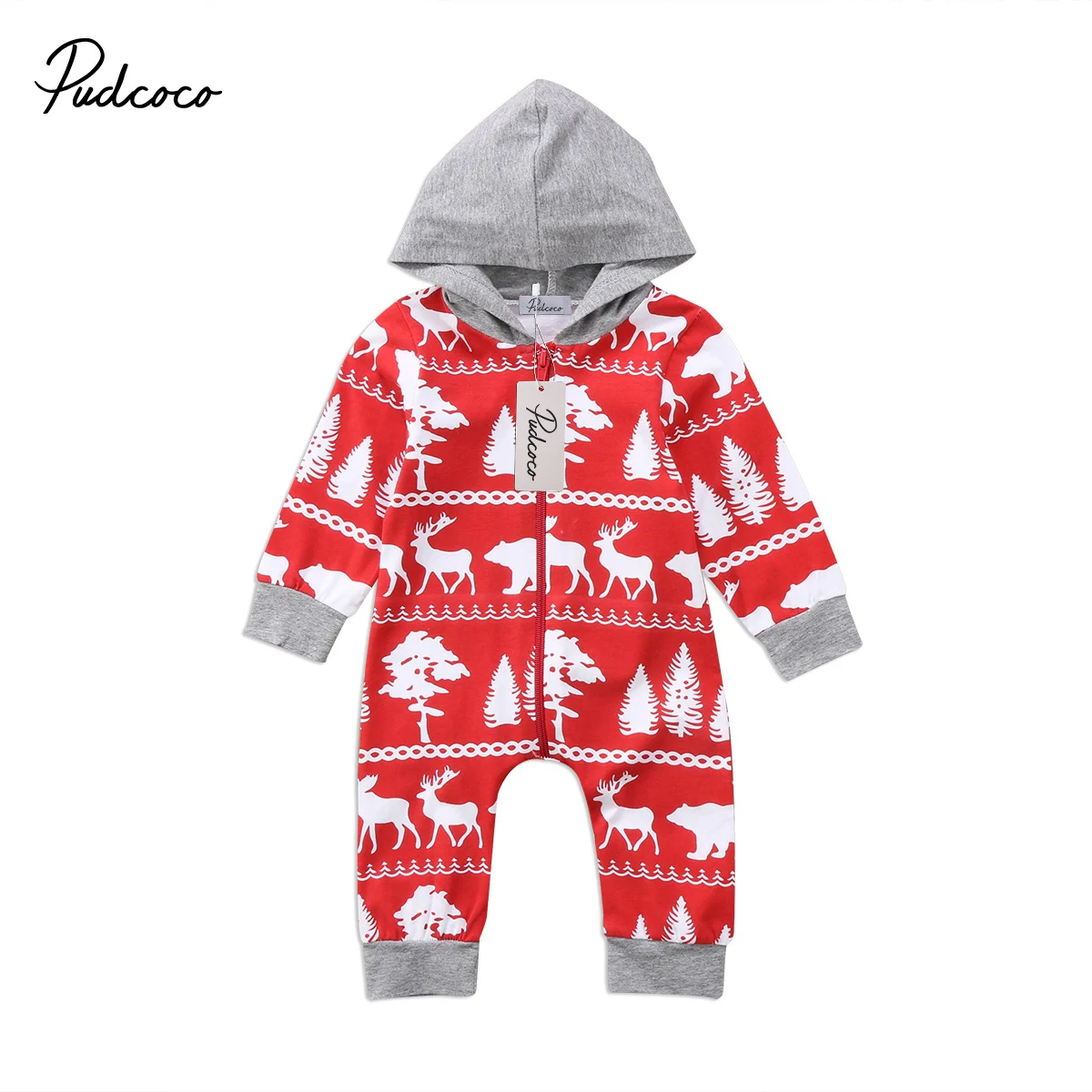 

Pudcoco Xmas Baby Boys Girls Infant Romper Jumpsuit Cotton Long Sleeve Woodland Forest Christmas Deer Tress Clothes Outfits